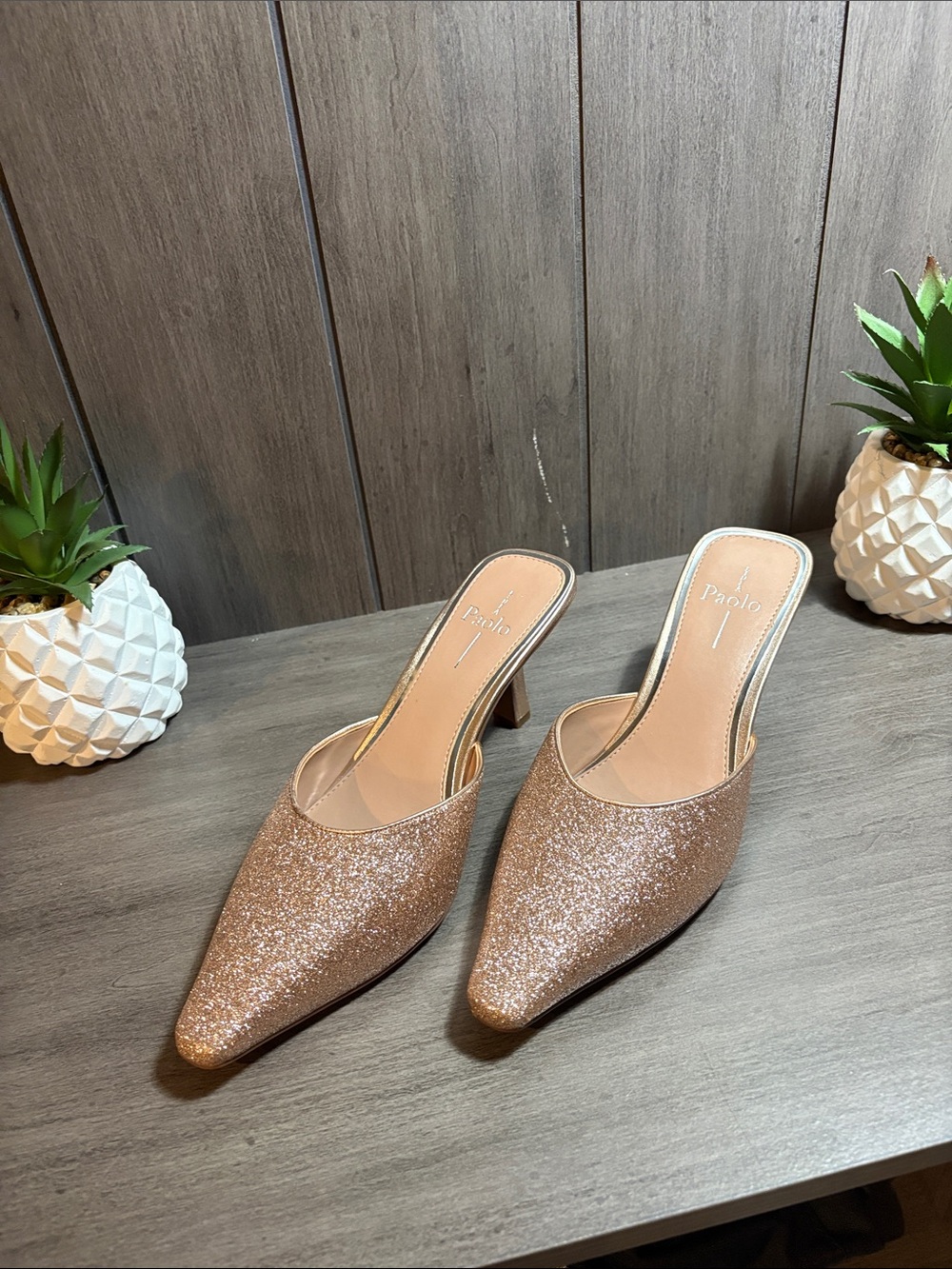Paolo Rose Pink Glitter Pointed Mules